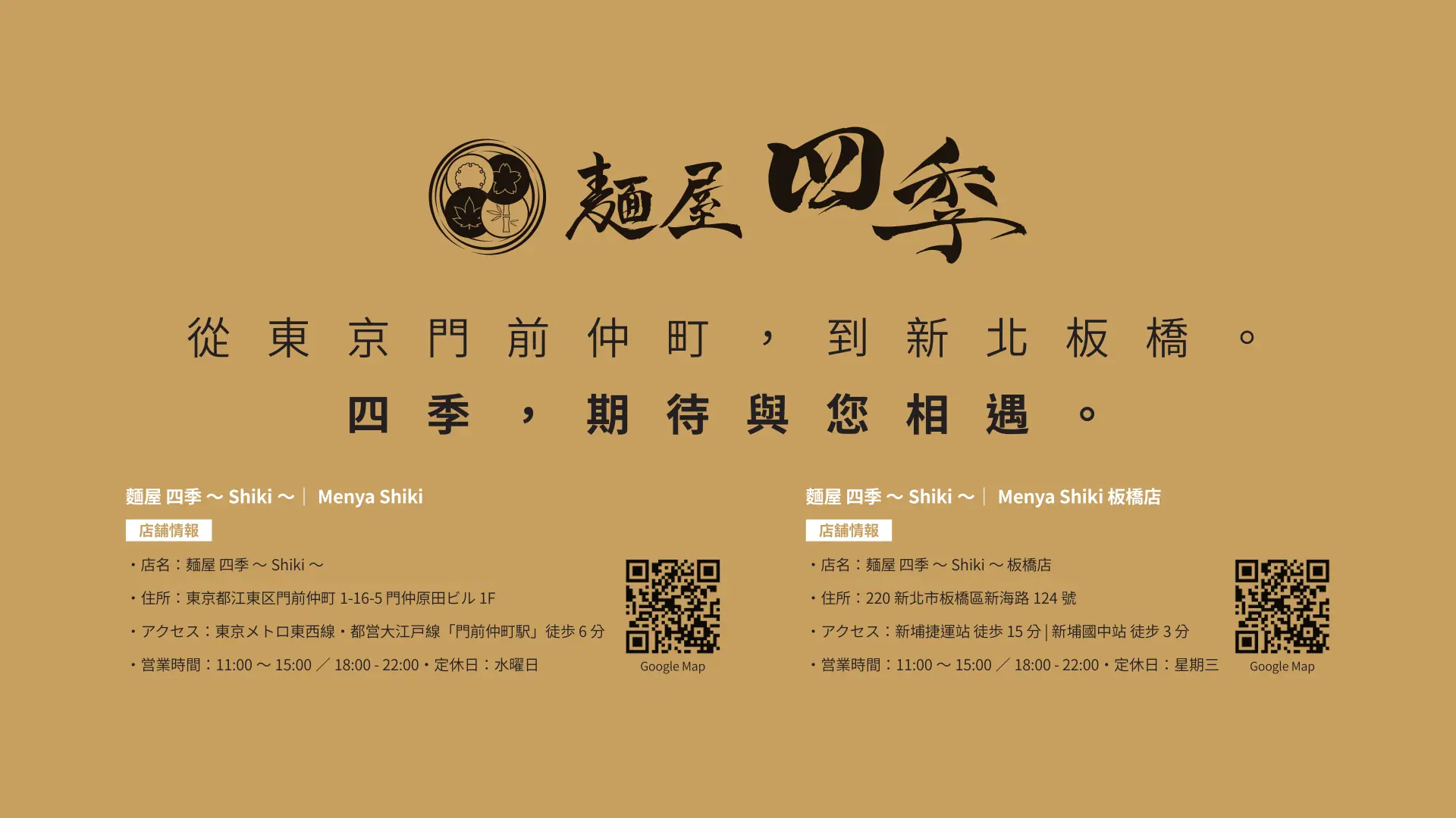 麵屋四季完整品牌介紹第 14 頁：東京門前仲町與新北板橋店資訊；交通路線為新埔捷運站徒步 15 分、新埔國中站徒步 3 分；板橋店營業時間為 17:00 至 21:00
